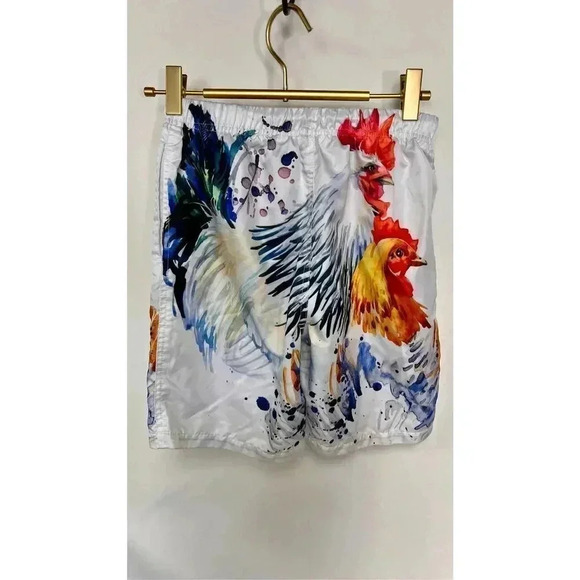 Youth Boys White Rooster Chicken Quick Drying Swim Trunks Medium - Picture 3 of 11